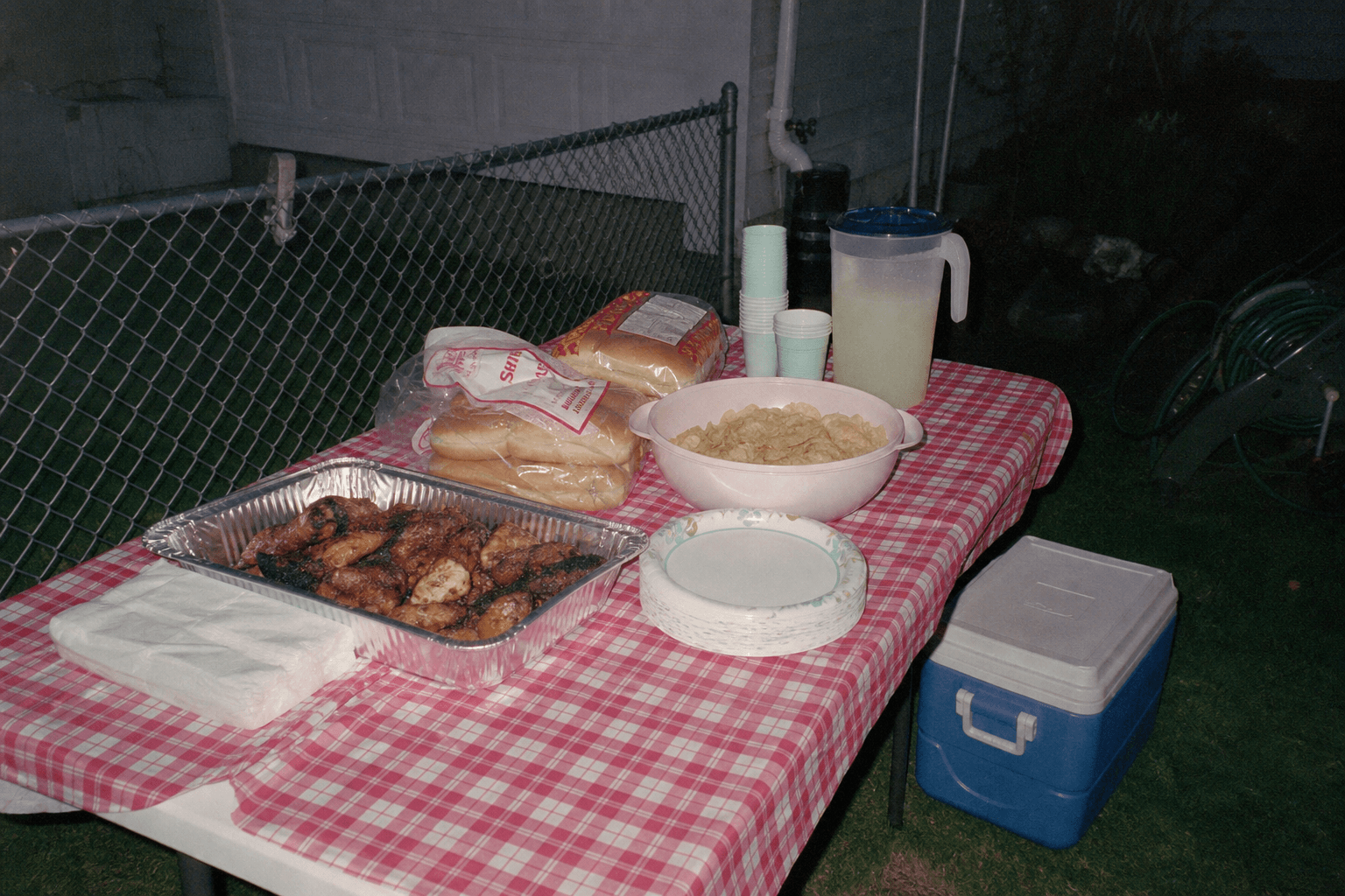 A folding table in a backyard, loaded with food and paper plates, lit by a camera flash
