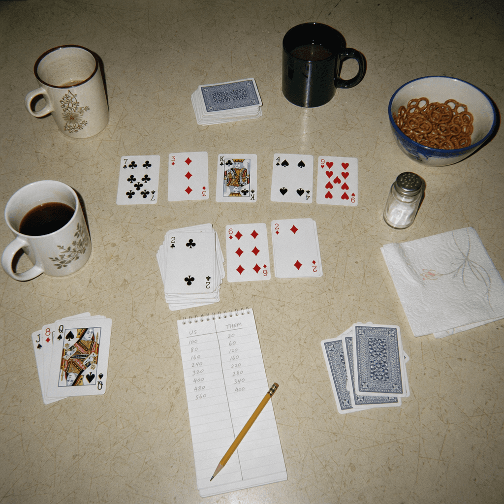 A kitchen table mid-card-game, shot with a camera flash