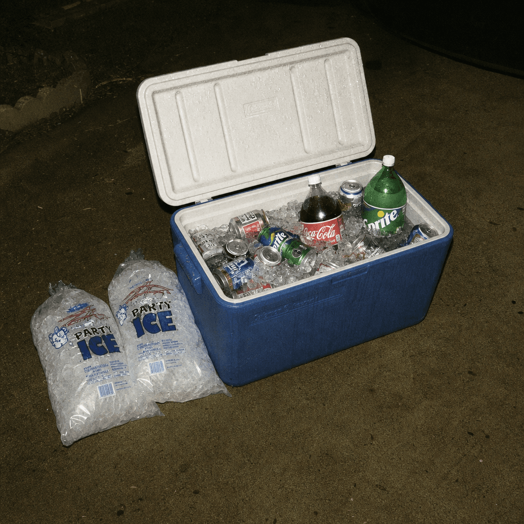 An open cooler of ice and soda on a driveway at night
